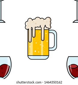 Seamless pattern of beer mugs and wineglasses. Vector cartoon background. Flat design.