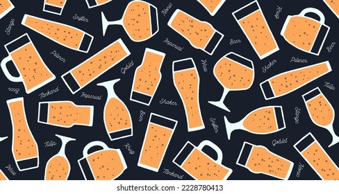 Seamless pattern, beer placemat. Seamless pattern with beer glassware types. Graphic design print for bar, pub, restaurant, beer theme. Beer placemat and graphic design print. Vector Illustration