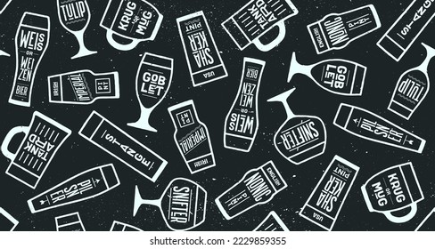 Seamless pattern, beer placemat. Seamless pattern with beer glassware types. Graphic design print for bar, pub, restaurant, beer theme. Beer placemat and graphic design print. Vector Illustration