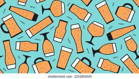 Seamless pattern, beer placemat. Seamless pattern with beer glassware types. Graphic design print for bar, pub, restaurant, beer theme. Beer placemat and graphic design print. Vector Illustration