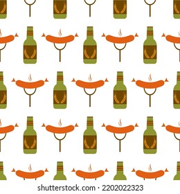Seamless pattern with beer and sausage. Icon bottle beer and sausage in retro color palette. Food concept in flat design. Design for print on wrapping paper, wallpaper, fabric. Vector illustration