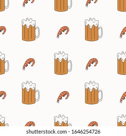 Patrón transparente con cerveza y camarón. Elemento doodle. Ilustración vectorial.