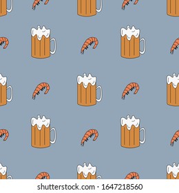 Seamless pattern with beer and shrimp. Doodle element. Vector illustration.