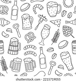 Seamless pattern of beer and snacks doodle. Brewery in sketch style. Hand drawn vector illustration isolated on white background