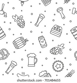 Seamless pattern with beer, snacks and glasses, black and white icons