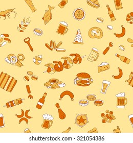 Seamless pattern of beer and beer snacks on a yellow background. Vector.