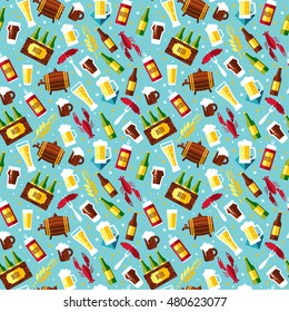 Seamless pattern with beer symbols on blue background. Vector illustration. Flat design.