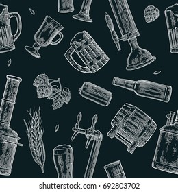 Seamless pattern beer tap, class, barrel, can, bottle and hop. Vintage vector engraving illustration for web, poster, invitation to party. Hand drawn white design element isolated on dark background.