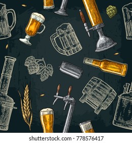 Seamless pattern beer tap, class, barrel, can, bottle and hop. Vintage vector engraving illustration for web, poster, invitation to party. Hand drawn color design element isolated on dark background.