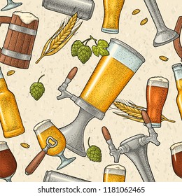 Seamless pattern beer tap, glass, can, wheat, opener, bottle and hop. Vintage vector engraving illustration for invitation to party. Isolated on beige texture
