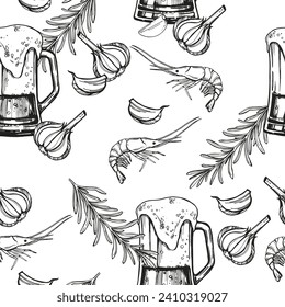 seamless pattern of beer theme, sketch of glass of beer, shrimps, rosemary and garlic, hand drawn vector illustration of food and drink, beer mug, doodle graphic, black and white color, monochrome