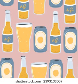 Seamless pattern with beer.Cover template for beer bar, pub menu,brewery. Beer bottle, can of beer and pint of ale on pink background.Trendy vector