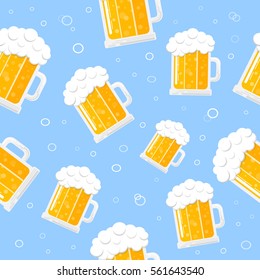 Seamless pattern with beers and bubbles on blue background. Vector.