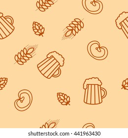 Seamless pattern of beers, ears, hop, pretzels. For packaging beer, bread and flour products in your cafe, bar, pub, tavern, brewery, restaurant. Natural organic packaging. 