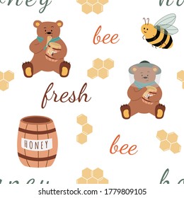 Seamless pattern with bees, bears, honeycombs, bee and fresh text.  Hand drawn vector illustration. Useful for package design of organic product, flyers,