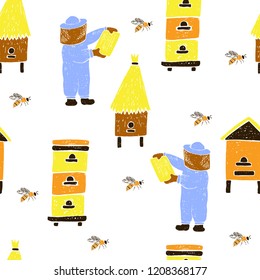Seamless pattern with  bees, beehives, beekeepers. Vector hand drawn illustration.