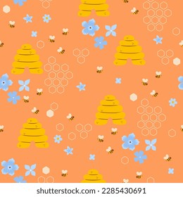 Seamless pattern of bees, beehives and flowers. Vector graphics.