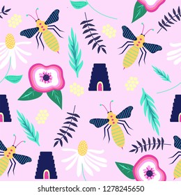 Seamless pattern of bees, beehives, honeycomb, daisies, flowers, and leaves on a soft pink background. Great for textile print, invitations, or packaging. Vector file.
