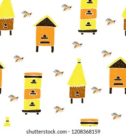 Seamless pattern with  bees, beehives. Vector hand drawn illustration.