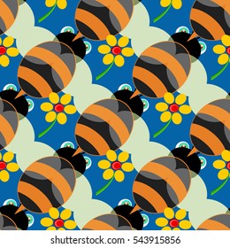 Seamless pattern with bees in blue background