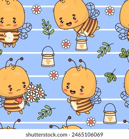 Seamless pattern with bees with bouquet of flowers and bucket of honey on blue striped background. Vector illustration. Cartoon cute insect kawaii character. Kids collection