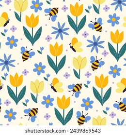 Seamless pattern with bees, butterflies and flowers. Vector graphics.