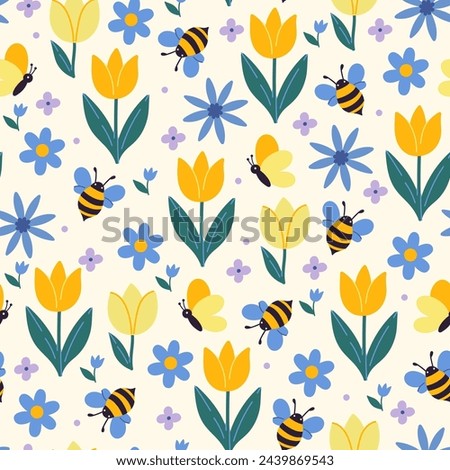 Seamless pattern with bees, butterflies and flowers. Vector graphics.