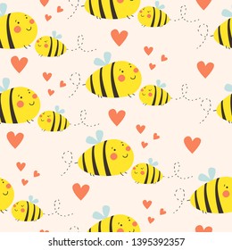 Seamless pattern with bees. Cartoon style. Fabric design, baby shower decor, wallpaper. Cute bees with hearts.