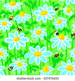 Seamless pattern with bees and chamomile