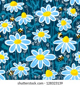 Seamless pattern with bees and chamomile