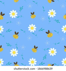 Seamless pattern with bees and chamomiles. White daisy on a blue background, bees collect honey. Pattern for textiles and children's clothing. Case, fitness bracelet strap. Flat style. Vector