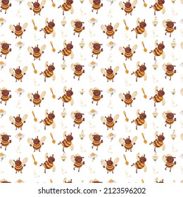 Seamless pattern with bees. Children's illustration. Vector. Postcard. Background. Print.  Cute cartoon style.