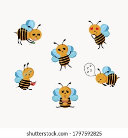 Seamless pattern with bees. Colorful illustration - a sleeping bee,happy, bee in love,read bee holding a honey bee sniffing a flower. Vector illustration on a white background for Wallpaper.