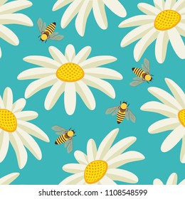Seamless pattern with bees and daisies on blue background. Vector bright summer illustration in flat style.