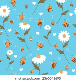 Patrón sin foco con abejas y margaritas. Hermoso insecto rayado amarillo y camomila blanca. Felices personajes de abejas. Decoración textil, envolvimiento de papel, diseño de papel pintado. Concepto de vector