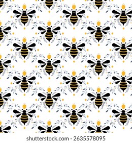Seamless pattern with bees and flowers abstract. On a white background. Wallpaper textile vinyl.