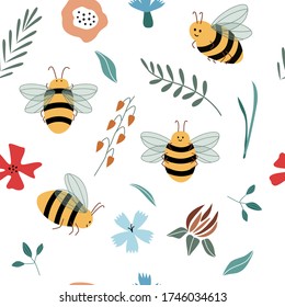 Seamless pattern with bees and flowers in cute cartoon style.  Hand drawn vector illustration. Useful for package design of organic product, flyers, backgrounds, banners, wrapping paper, prints