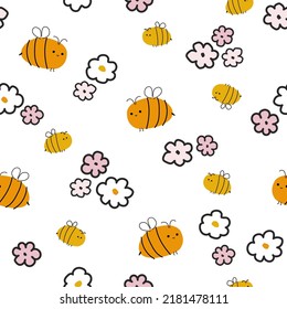 Seamless pattern with bees and flowers. Cute childish print. Vector hand drawn illustration.