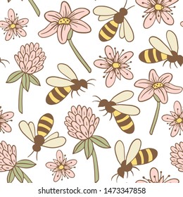 Seamless pattern with bees and flowers. Flat style. Vector illustration.