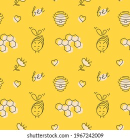 Seamless pattern with bees, flowers, hearts, honeycomb, beehive. World bee day. Honey collection. Design for textile, paper, cards.