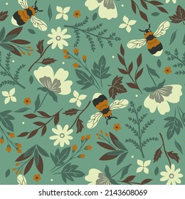 Seamless pattern with bees, flowers and leaves. Vector graphics.