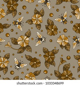 Seamless pattern with  bees  and flowers on a brown background,tone brown,Sepia