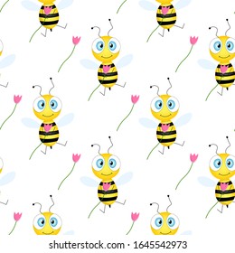 Patrón sin inconvenientes con abejas y flores sobre fondo blanco. Ilustración vectorial. Caricatura adorable. Diseño de plantilla para invitación, tarjetas, textiles, tela. Estilo Doodle. Abeja con tulipán.