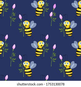 Seamless pattern with bees and flowers on blue background. Vector illustration. Adorable cartoon character. Template design for invitation, cards, textile, fabric. Flat style. Bee with rose.