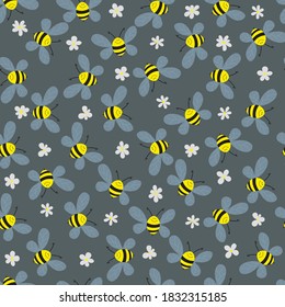 Seamless pattern with bees and flowers on grey background. Adorable cartoon wasp characters. Template design for invitation, cards, textile, fabric. Doodle style. Vector stock illustration.
