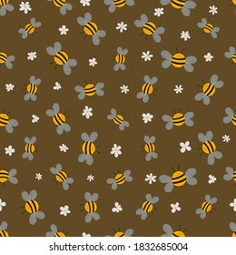 Seamless pattern with bees and flowers on beige background. Adorable cartoon wasp characters. Template design for invitation, cards, textile, fabric. Doodle style. Vector stock illustration.