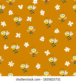 Seamless pattern with bees and flowers on brown background. Vector illustration. Adorable cartoon character. Template design for invitation, cards, textile, fabric. Doodle style.