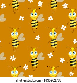 Seamless pattern with bees and flowers on brown background. Vector illustration. Adorable cartoon character. Template design for invitation, cards, textile, fabric. Doodle style.