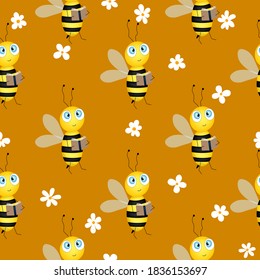 Seamless pattern with bees and flowers on brown background. Vector illustration. Adorable cartoon character. Template design for invitation, cards, textile, fabric. Doodle style.