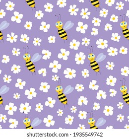 Seamless pattern with bees and flowers on color background. Small wasp. Vector illustration. Adorable cartoon character. Template design for invitation, cards, textile, fabric. Doodle style.